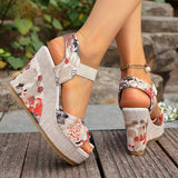 Bohemian Floral Printed Wedge Heel Sandals Women Summer Slip On Chunky Platform Sandles Woman Elastic Strap High Heels Sandals