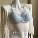 Girls' pure lust style summer bikini three-piece knitted sweater holiday split swimsuit for women