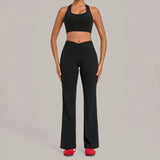 Breathable Stretch Yoga Sets Women Quick Drying Shockproof Sports Bra High Waist Bell Bottom Pants Gym Two-piece Fitness Suit