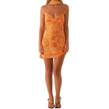 Women's Summer Sequined Flower Embroidery Beaded Bodycon Mini Dress Sleeveless Spaghetti Strap V Neck Night Out Dress with Scarf