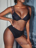 XS-2XL 15 Colors Rhinestones Fishnet Dress O-Neck Grid Swimsuit Bikini Cover Up Beach Pool Party Cover-ups for Swimwear Women