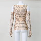 AHAgaga Sexy Tee T-shirt Women 2025 Summer Casual Letter Print Skinny See Through With Gloves Cropped Shirts Women Female Blusas