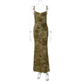 FDYOUI Sexy Elegant Chain Backless Green Floral Evening Dress for Women Sleeveless Bodycon Long Cocktail Dresses Party Club Gown
