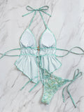 DEKA Summer Sequins Floral Halter Bikini Women's Sexy Backless Swimwear with Tie Detail Summer Strappy Two Piece Bathing Suit