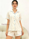 Women's Cotton Polka Dot Printed Pajama Set With Contrast Trim Button-Down Shirt & Shorts Homewear Summer Set Two Pieces Set Pj