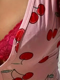 Casual Cherry Print V-neck Front Button Onesies Women's Bodysuit Pajamas Sexy Long Sleeve Slim Fit Jumpsuit Sleepwear