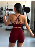 2Pcs Women Yoga Outfit Halter Neck Crop Top Shorts Soft Elastic Sportswear Running Training Clothes