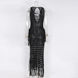 S-XL Sexy Hollow Out Fringe Tassel Knitted Crochet Tunic Beach Cover Up Cover-ups Beach Dress Beach Wear Beachwear Female V3800C