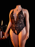 Erotic Hot women Plus Size Lace Halter Teddy Bodysuit Crotchless Criss-Cross Back Deep V Neck Open Crotch sexy Lingerie 1XL-4XL