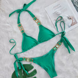 DEKA Brazilian Chain Bikini Set Women's Swimsuit Stylish Solid Thong Swimwear Diamond Separate Beachwear Bathing Suit