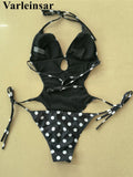 S - XL Polka Dots Halter High Leg Cut One Piece Swimsuit Women Swimwear Female Backless Monokini Bather Bathing Suit Swim V7539