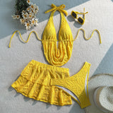3PC with Skirt Wrinkled Halter Tankini Bikini Women Swimwear Female Swimsuit Three-pieces Bikini Set Bathing Suit Swim Beachwear
