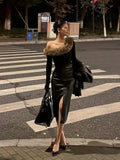 Sexy One Step Split PU Leather Half Skirt For Women's New High Waisted Slim Streetwear Black PU Fashion Womne Mini Dress  YTM8