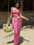 Sexy Pink Gradient Swimwear Women 2026 Pleate Push Up Drawstring Side Long Skirt 3 Piece Bikini Set Beach Bathing Suit Swimsuit