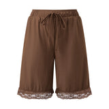 Fashion Women's Loose Shorts Drawstring Elastic Waist Lace Trim Wide Leg Mid Pants Summer Casual Lounge Out Going Shorts