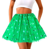 Womens Shamrock Sequin Tulle Skirt Elastic Waist St Patricks Day Tutu Flared Mini Skirt Glittery Bottoms For Festival Costume