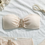 With Skirt Wrinkled Bandeau Bikini Female Swimsuit Women Swimwear Three-pieces Bikini Set Metal Ring Bathing Suit Swim Beachwear