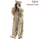 Leopard Hooded Pajamas Animal Kigurumi Unicorn Adult Onesies for Women Winter Sleepwear Flannel Pochets Overall Sets Slippers
