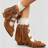 Women's Vintage Fringe Summer Ankle Boots Bohemian Buckle Straps Pointed Toe Ethnic Tassel Hollow Out Western Cowgirls Shoes