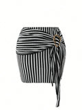Vintage Black Striped Swimwear Skirts Set Women 2026 Metal Buckle Strap V Neck Slimming Bathing Suit Holiday One Piece Swimsuit