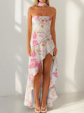 Women Summer Casual Tube Dress Fashion Solid Color/Floral Print High Low Ruffles Long Dresses with Scarf
