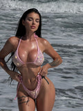 DEKA Women Triangle Bikini Set New Shiny Sequin Swimsuit Summer Fashion Padded Bra Lace Up Thong 2PC Swimsuit Multi Color Bikin