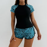 Sports Swimsuit for Women 2026 New 2 Piece Swimsuit High Waist Tankini Short Sleeve Round Neck Patchwork Bikini Set Swimwear