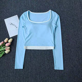 Autumn New Contrasting Yoga Suit for Women with Chest Pad Top Slim and Slim Pilates Running Sports Fitness Long Sleeves Shirts