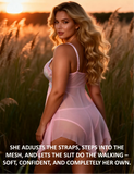 Pink Mesh Print Lace Sleep Dress for Women See Through Midi Nightgown with Panties Plus Size S-4XL