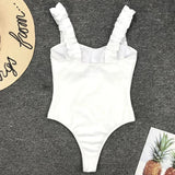Sexy White Frill Trim Ruffled Ribbed Female Swimwear One Piece Swimsuit Women Monokini High Cut Bather Bathing Suit Swim Lady