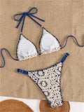 Sexy Blue Patchwork Knitted Bikini Set Women Halter Push Up Bra Thong Swimsuit 2026 Summer Bathing Suit Two Piece Swimwear