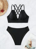 Sexy Solid Black Two Piece Swimsuit for Women Summer New High Waist Bikini Set Beach Vacation V-neck Backless Swimwear 2026