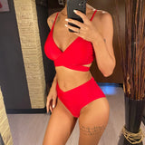 S - XL New 7 Colors V Neck High Waist Bikini Female Swimsuit Women Swimwear Two-pieces Bikini Set Bather Bathing Suit Swim V5006