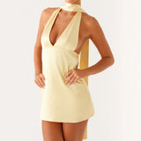 Women's Summer Satin Party Club Halter Dress Stylish Solid/Floral Print Deep V Neck Sleeveless Mini A-Line Dress with Scraf