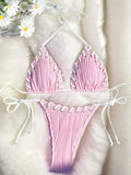 2025 Halter Wrinkled Weaved Bikini Women Swimwear Female Swimsuit Two Pieces Bikini Set Brazilian Bathing Suit Swim Beach Wear