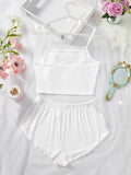 Women's Pajama Set Solid Color Camisole Crop Top and Ruffle Shorts, Sleeveless Soft Sleepwear, Summer Loungewear Outfit
