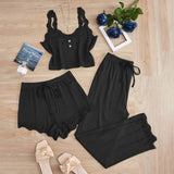 3PCS Pajamas Set for Women Sleepwear Solid Vest Shorts and Pants Paired with Lace Splicing for Homewear Loungewear