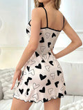 Heart Printed Casual Frill Trim Nightdress Sleepwear Women's Sexy Lingeire Round Neck Backless Slip Dress Comfortable Nightgown