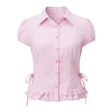 Women Plaid Shirts Button Down Puff Short Sleeve Lapel Neck Tops Fashion Slim Fit Ruffle Trim Blouses Summer