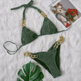 9 Colors Sexy Bikini Women Shining Fabric Golden Rhinestone Chain Swimwear Swimsuit Solid Halter Bikinis Set Bathing Suit Female