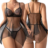 Mini Gauze Sheer Nightgown Set Women Sexy Lingerie Ultra-Short Hot Drees Summer Body Suit Spaghetti Strap Pajamas With G-string