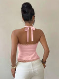FDYOUO Sexy Halter Lace Patchwork Camisoles Women Fashion Backless Hollow Out Corset Pink White Bandage Tanks Top Y2K Streetwear