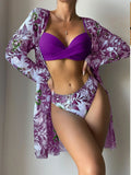 3 Pieces Push Up Bikinis 2026 Women With Kimono Beach Printed Swimsuit Sexy Swimwear Female Bathers Bathing Swimming Swim Suit