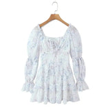 Sweet Long-sleeve Dress For Women Pleated Printed Short Women White Floral Print Mini Dress Long Puff Sleeve For Beach 96U3
