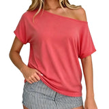 Women Off Shoulder T-shirt Loose Fit Short Sleeve Boat Neck Going Out Tops Casual Summer Shirts Streetwear