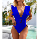 New Sexy Ruffled White Deep V One Piece Swimsuit Women Swimwear Female With Belt Monokini Bather Bathing Suit Swim Lady V2198