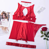 Toucheart 5-Pieces Erotic Lingerie Sexy Hip Skirt For Women Mesh Patchwork Hollow Out See-Through Lure Garters Underwear Suit