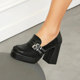 Square Toe Platform Double-Layer Buckle Shallow Sleeve Office Pumps Ultra-High Thick Heel Breathable High Heels