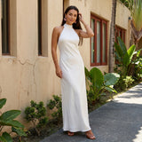 Women Summer Sexy Long Dress Sleeveless Halterneck Backless Solid Color Cocktail Dresses for Party