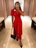Foridol Red Knitted Polo Dress Autumn Winter Women Dress Casual Elegant Maxi A-line Hollow Out  Dress Slim Christmas Party